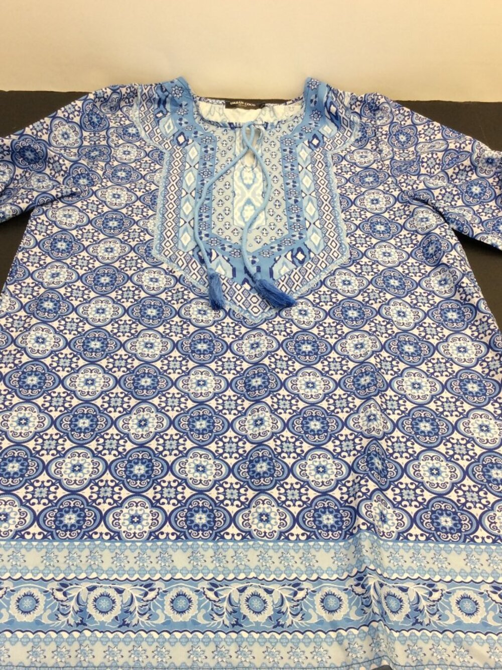 Urban Coco Shirred Ruched 3/4 Sleeve Tie At Neck Tunic Dress Blue Sz Large